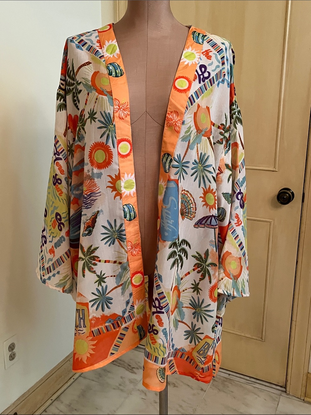 VIOLET SKY Resort Beach Vacation Tropic Beach Print Open Kimono Swim Cover Up 2X